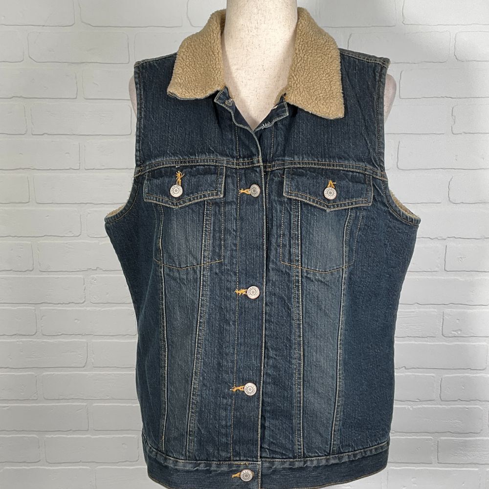 Old Navy Vest Women L Blue Denim Sherpa Lined Classic Jean Moto Work Chore Y2K